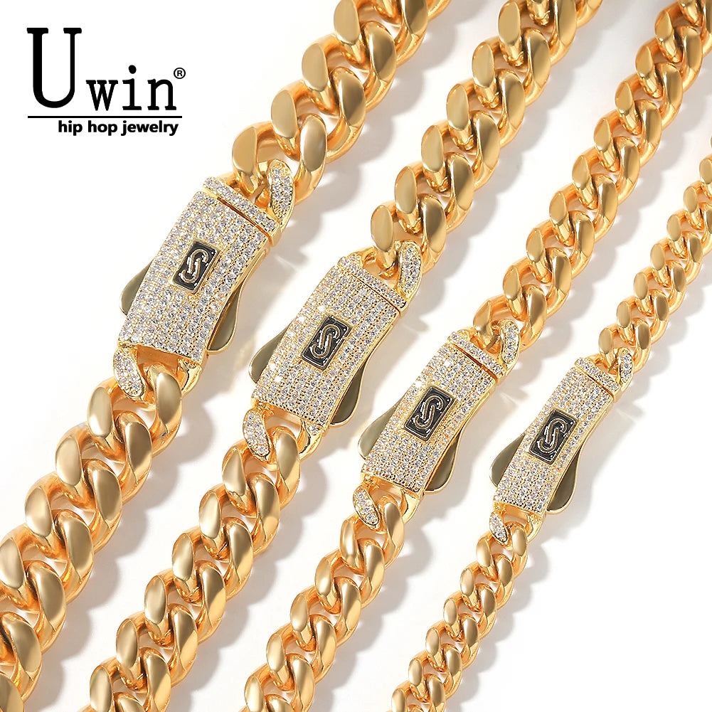 Uwin 8/10/12/14mm Stainless Steel Monaco Cuban Link Chain Necklace Iced Out CZ Box Lock Miami Bracelet Luxury Men Hiphop Jewelry