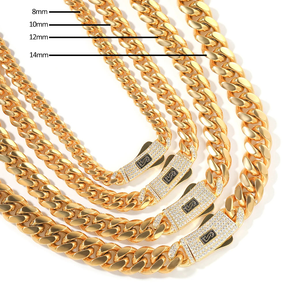 Uwin 8/10/12/14mm Stainless Steel Monaco Cuban Link Chain Necklace Iced Out CZ Box Lock Miami Bracelet Luxury Men Hiphop Jewelry