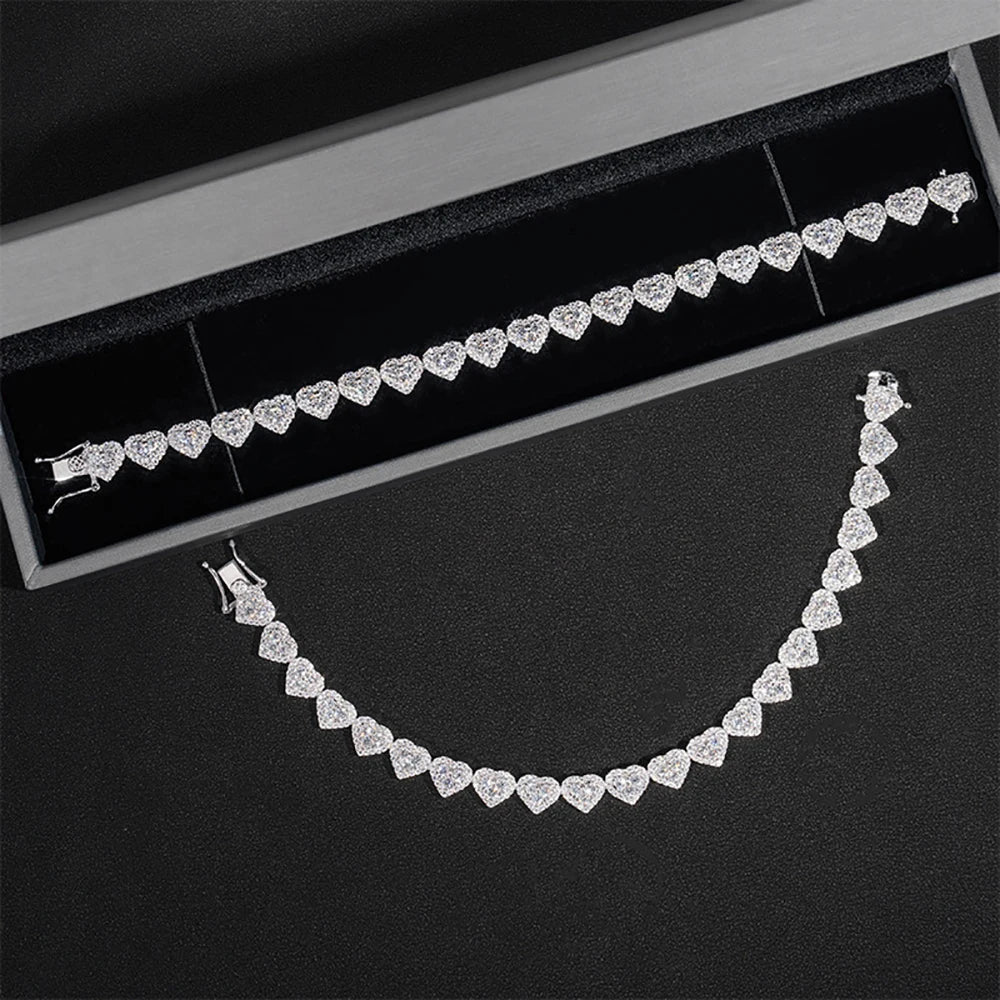 IGOTOS 8mm Heart Moissanite Tennis Necklace Bracelets for Women Men 925 Sterling Sliver Hip Hop Full Diamond Neck Chain Jewelry