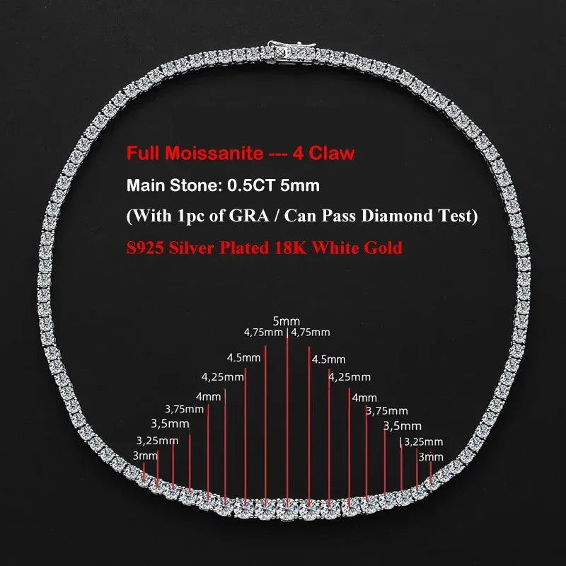 EWYA 3 Claw 0.4CT 4.5mm Gradient Full D Color Moissanite Diamond Tennis Necklace for Women 925 Silver GRA Certified Neck Chain