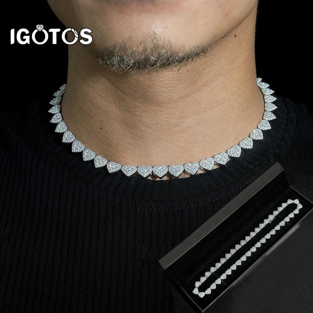 IGOTOS 8mm Heart Moissanite Tennis Necklace Bracelets for Women Men 925 Sterling Sliver Hip Hop Full Diamond Neck Chain Jewelry