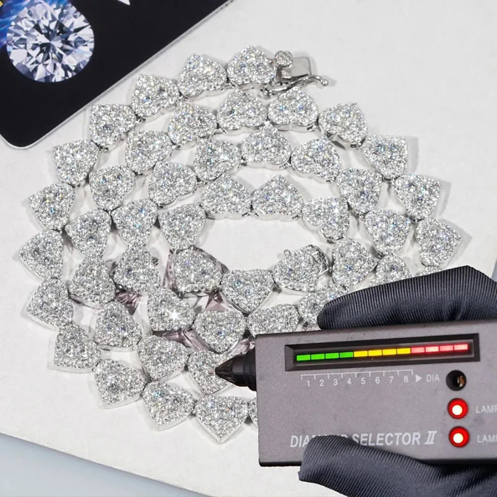 IGOTOS 8mm Heart Moissanite Tennis Necklace Bracelets for Women Men 925 Sterling Sliver Hip Hop Full Diamond Neck Chain Jewelry