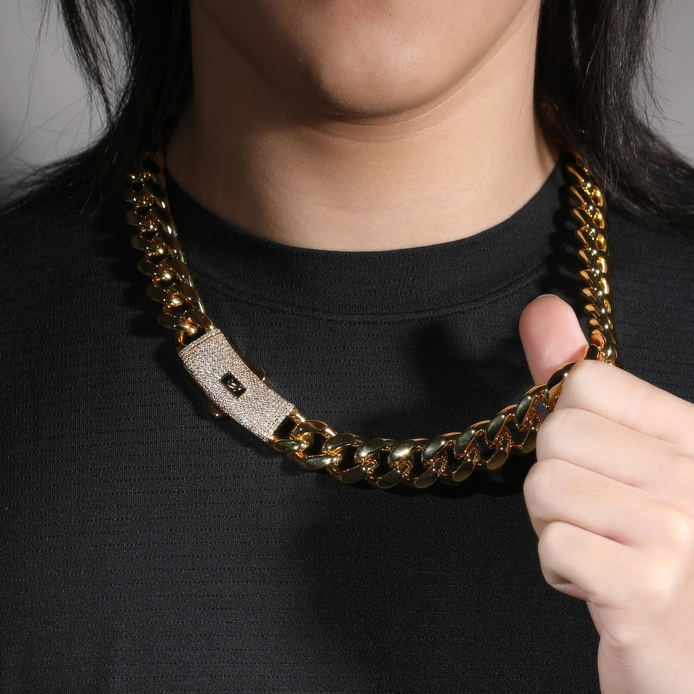 Uwin 8/10/12/14mm Stainless Steel Monaco Cuban Link Chain Necklace Iced Out CZ Box Lock Miami Bracelet Luxury Men Hiphop Jewelry