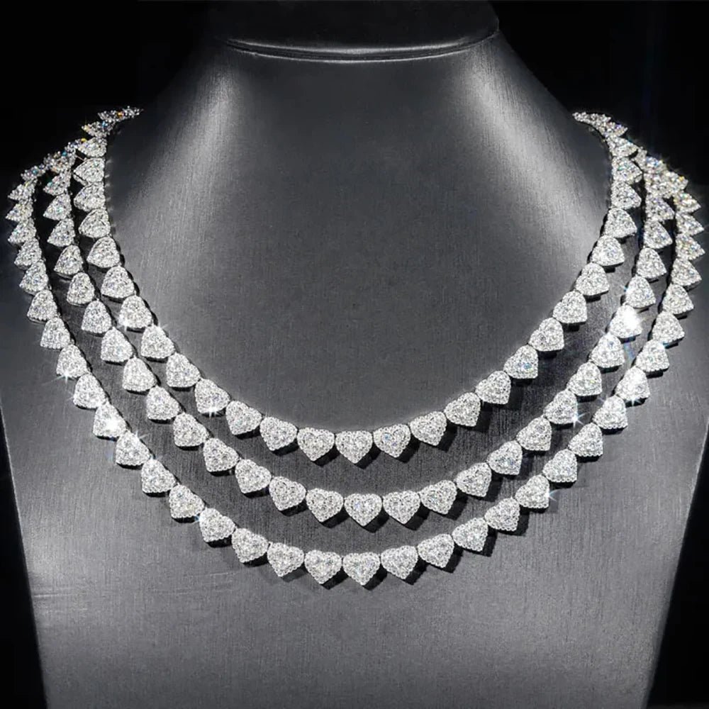 IGOTOS 8mm Heart Moissanite Tennis Necklace Bracelets for Women Men 925 Sterling Sliver Hip Hop Full Diamond Neck Chain Jewelry