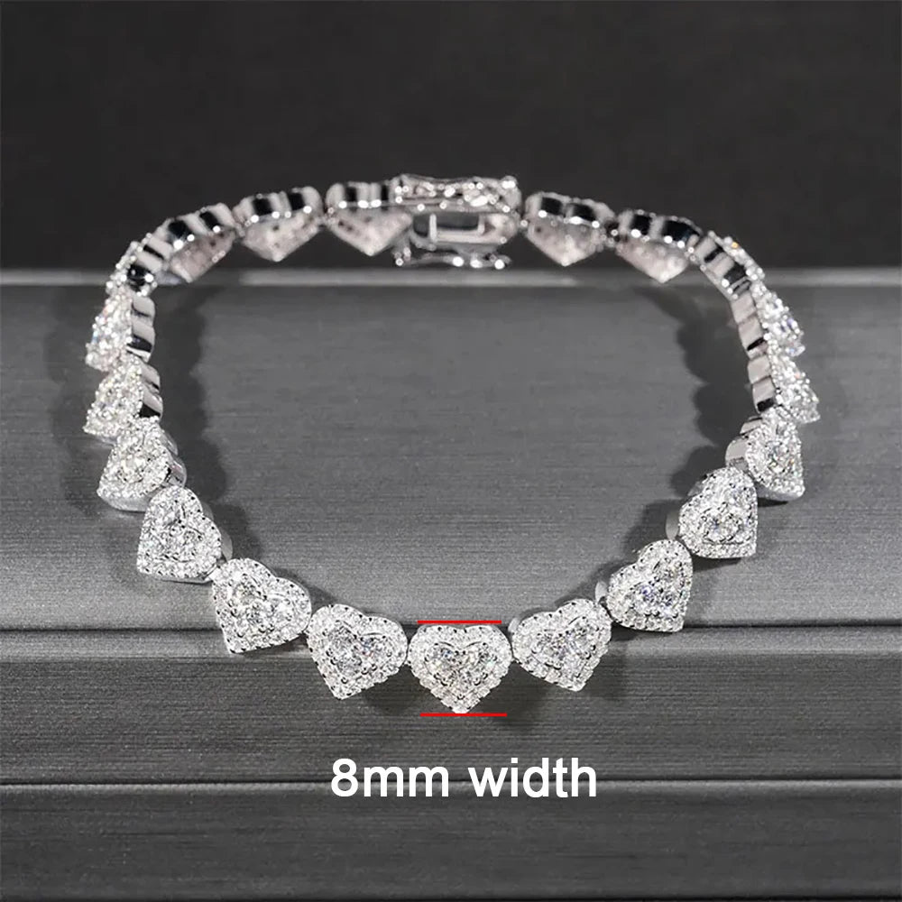 IGOTOS 8mm Heart Moissanite Tennis Necklace Bracelets for Women Men 925 Sterling Sliver Hip Hop Full Diamond Neck Chain Jewelry